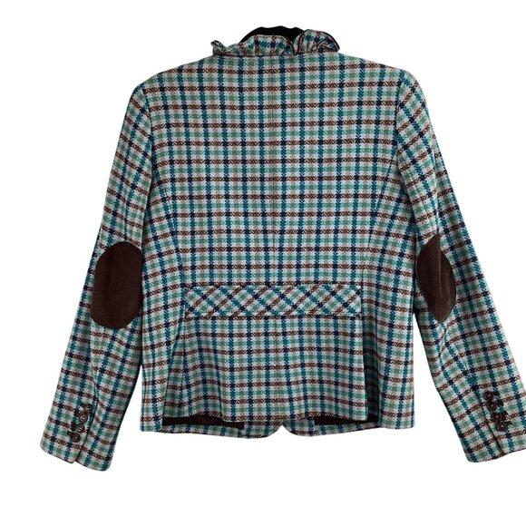 Talbots Plaid Blazer Jacket Size 10P Wool Blend Plaid Ruffle Brown/Teal - Picture 6 of 11